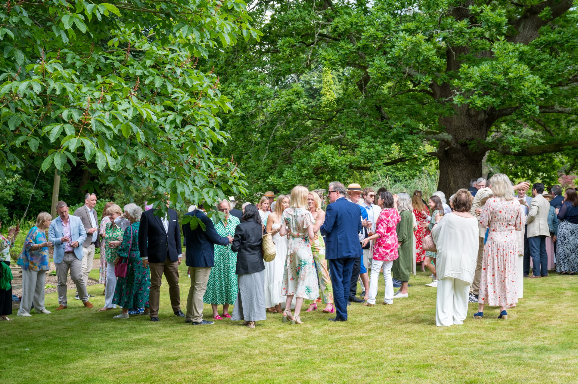 Guests gathered under mature trees for a summer garden drinks reception